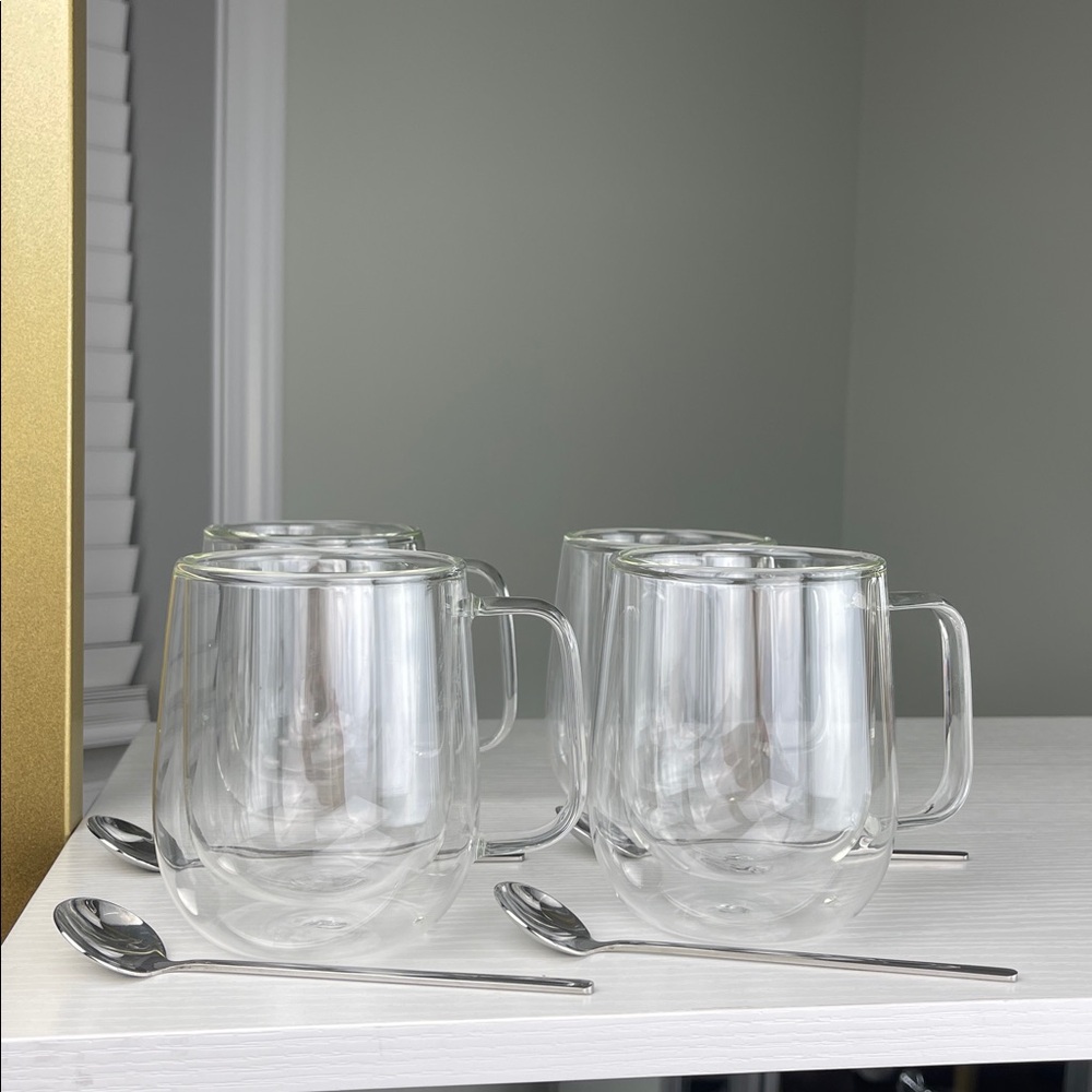 LINVIA Double Wall Insulated Glass Coffee Mugs w/spoon Set of 4 – 8.5oz Clear